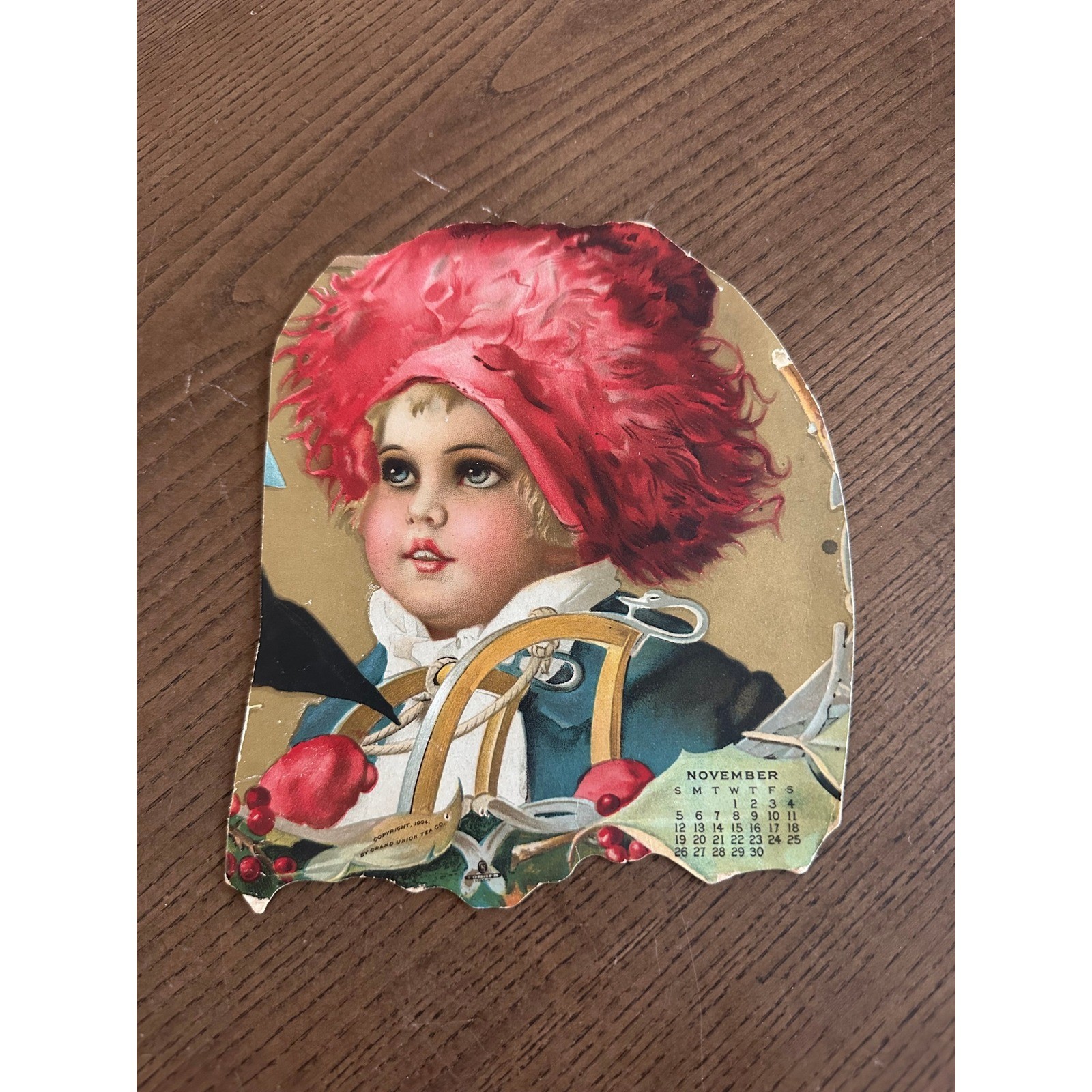 Antique 1904 Grand Union Tea Co Calendar Lithograph Ephemera Child Red Hat Art Antique 1904 Grand Union Tea Co Calendar Lithograph Ephemera Child Red Hat Art