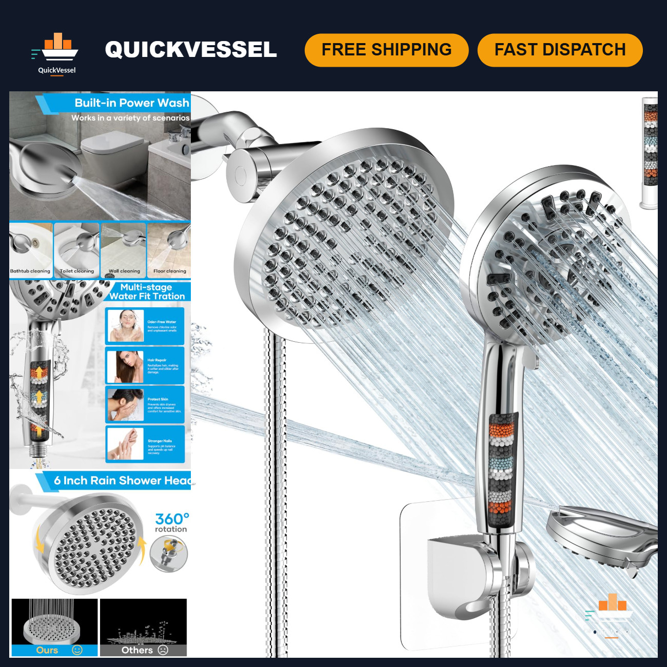 Dual Rain Shower Head with Handheld Spray Combo - Chrome Finish, Adjustable Flow