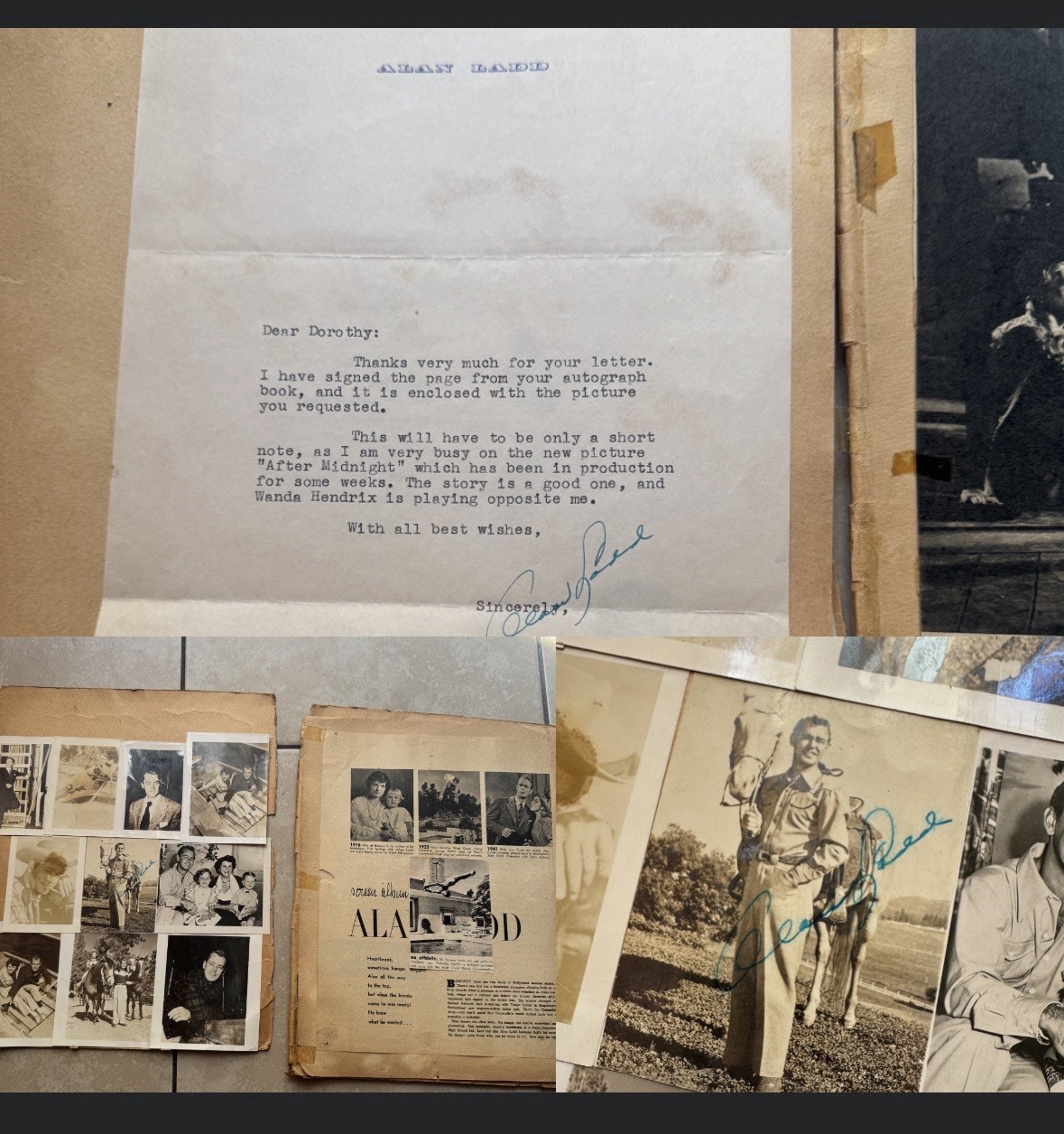 Vintage Alan Ladd Hollywood Scrapbook Signed Letter Autographs Photos 1940s-50s