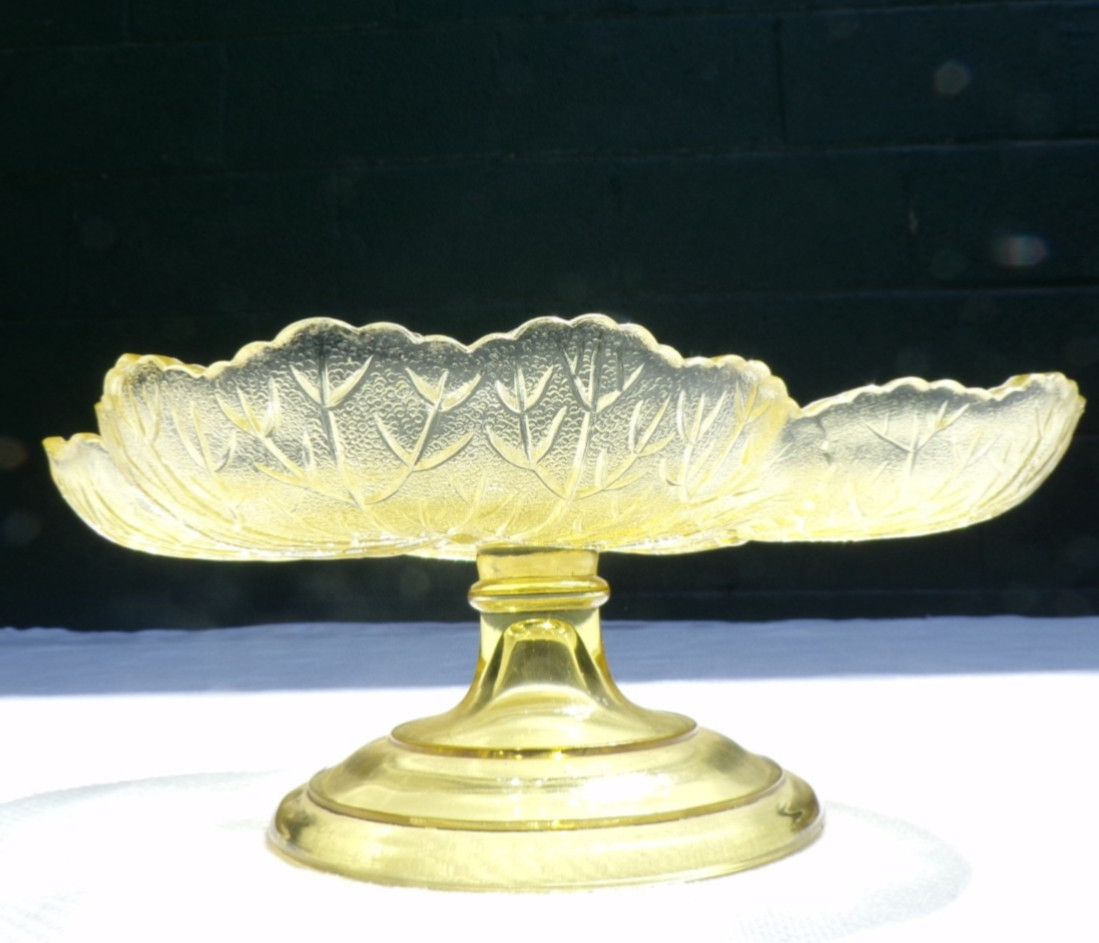 Antique Northwood Lotus Lily Pad Yellow Glass Pedestal Compote 9 Inch
