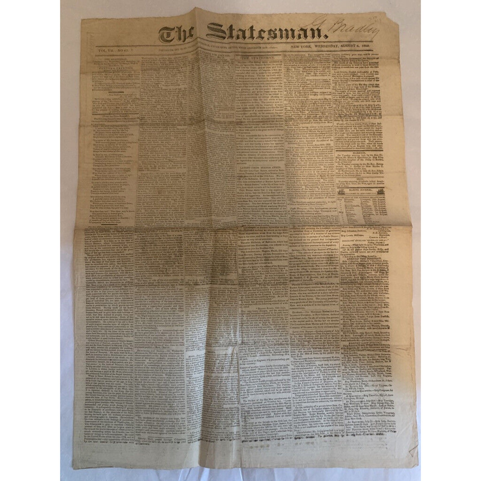 Antique THE STATESMAN NEW YORK August 6, 1828 RARE NEWSPAPER