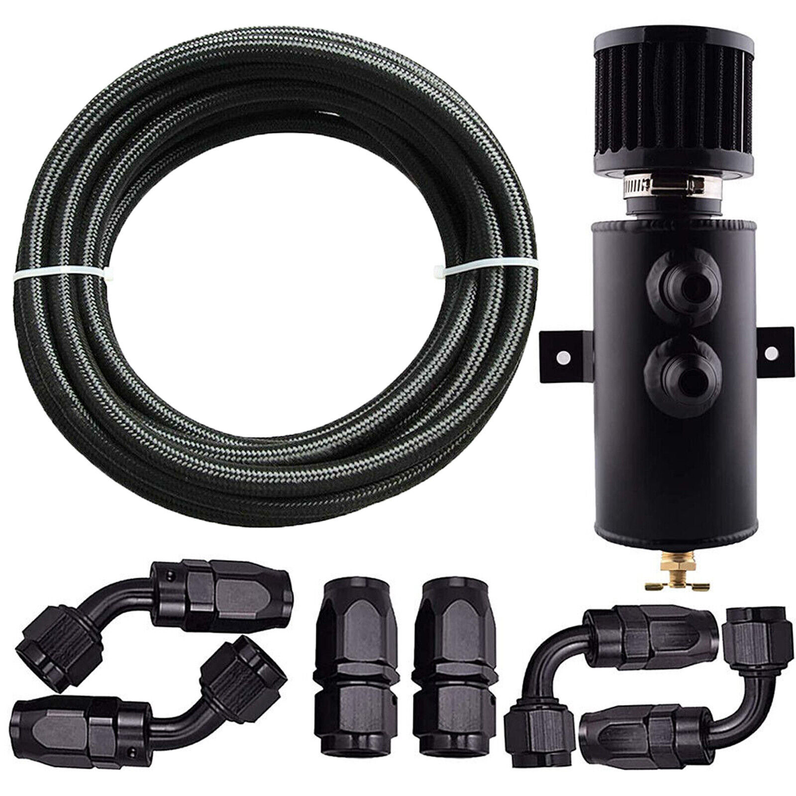10AN Oil Catch Can Reservoir Tank 2 Port Dual Breather Filter Baffled+ 10FT Hose