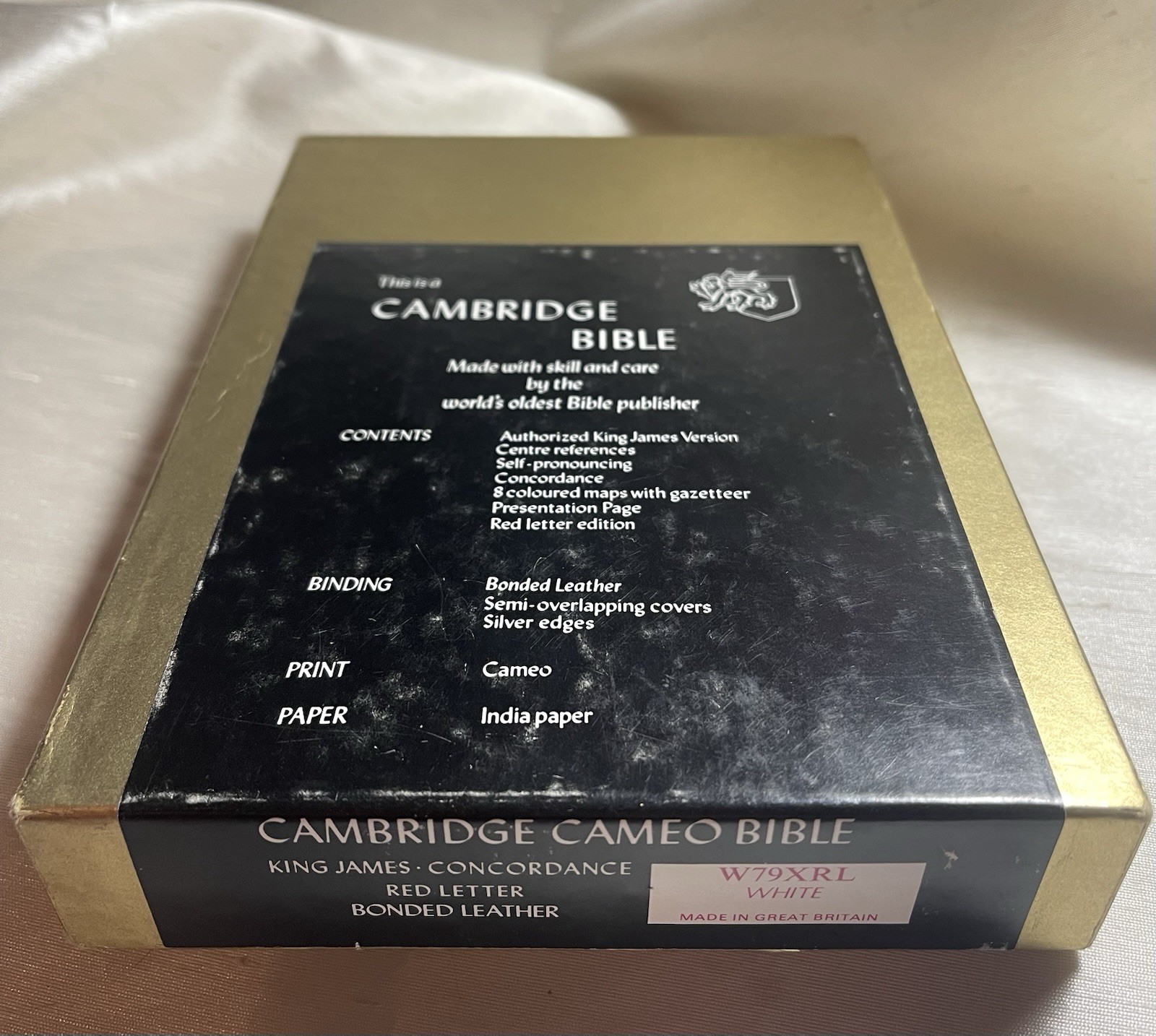 Vintage 1990 Cambridge Cameo KJV Bible White Leather Silver Gilt Box - NOS Mem.