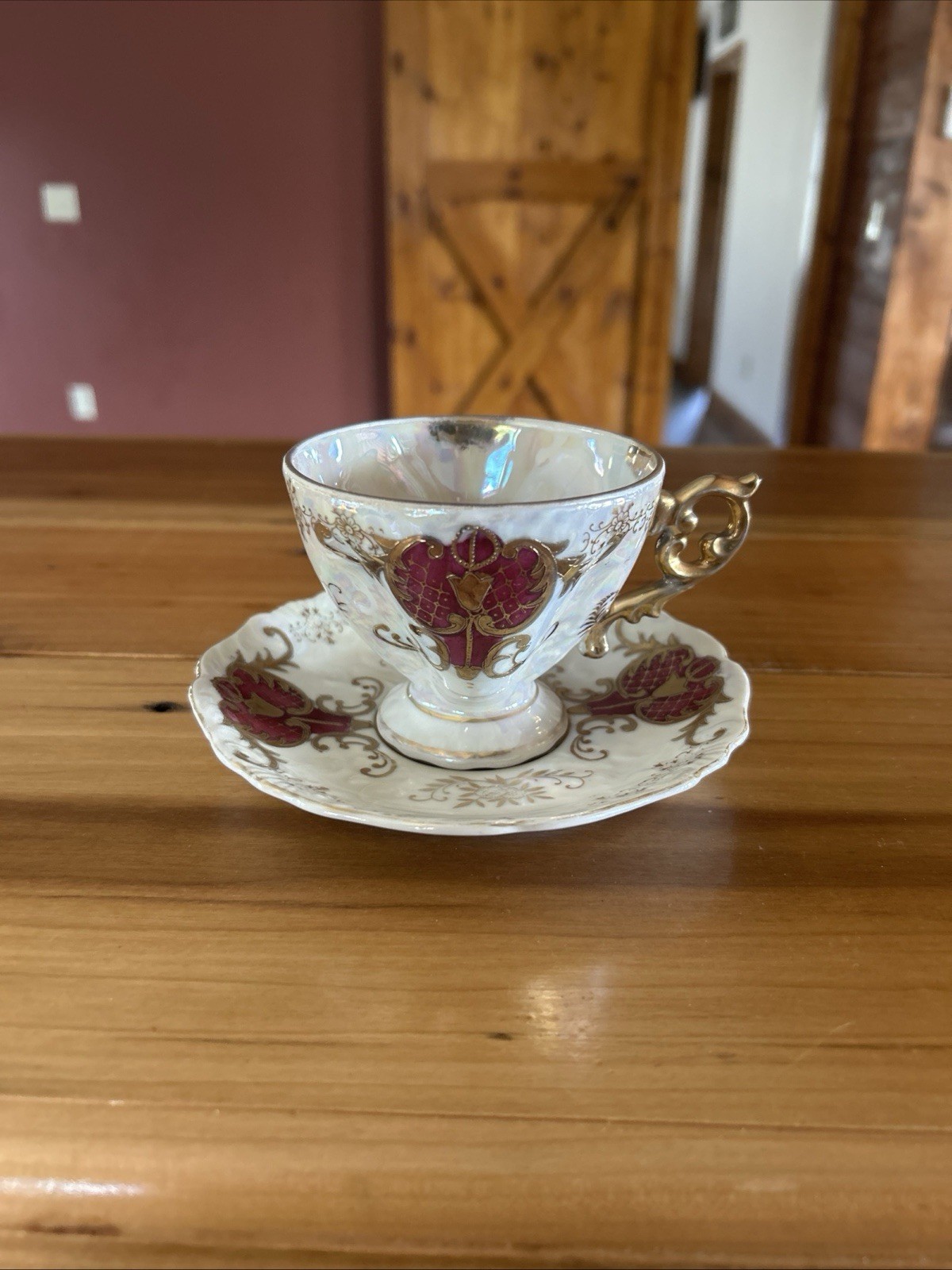 Vintage Royal Sealy Iridescent Lusterware Red & Gold 1950’s Teacup & Saucer L@@K