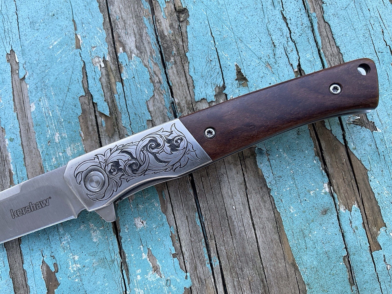 Hand Engraved Kershaw Enhance Wood Assisted Open Pocket Knife KS1419