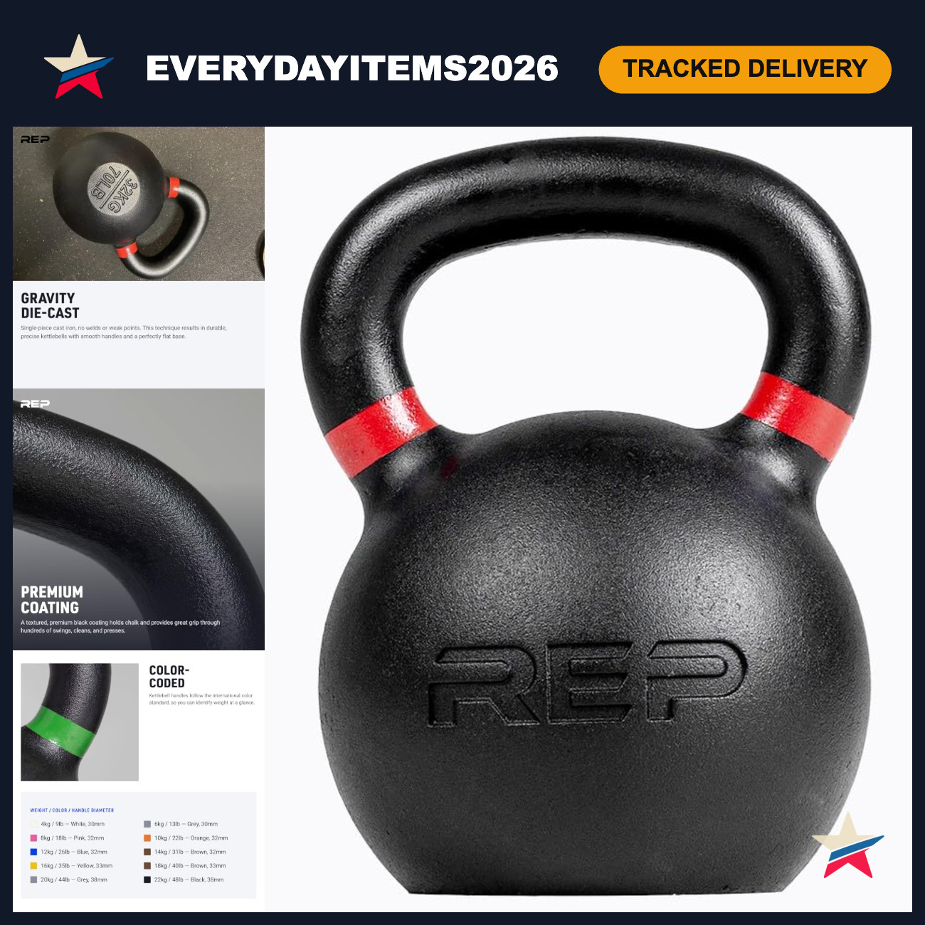 Kettlebell Set 4kg-24kg (9lb-53lb) - Cast Iron Weights for Strength Training, Ho