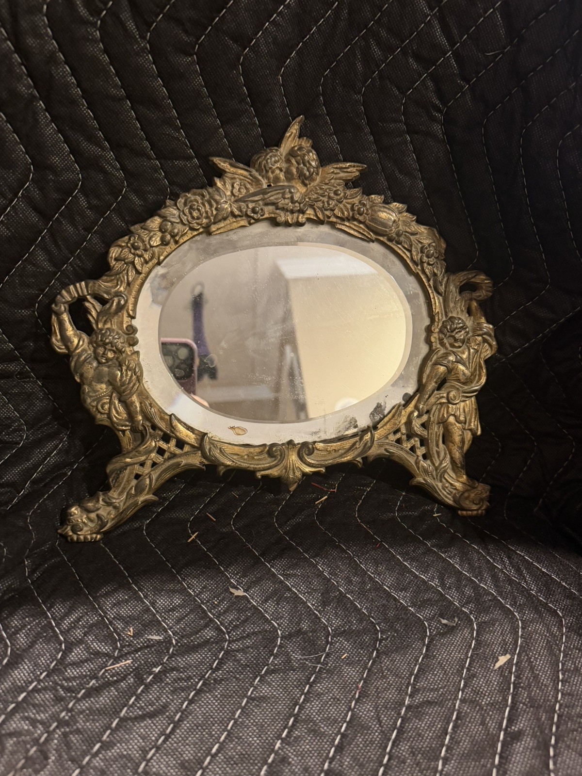 Antique Victorian Cast Iron Gilded Vanity Dresser Mirror Cherubs 10.5\ Antique Victorian Cast Iron Gilded Vanity Dresser Mirror Cherubs 10.5\
