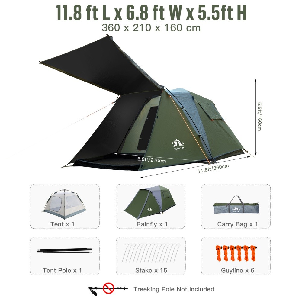 Night Cat 3 Person Pop Up Cabin Tent with Vestibule Double Layer Quick Setup