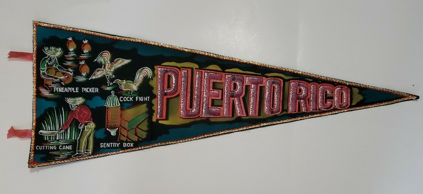 Vintage Puerto Rico travel pennant - Cock fight, Pineapple picker, Cutting Cane+ Vintage Puerto Rico travel pennant - Cock fight, Pineapple picker, Cutting Cane+