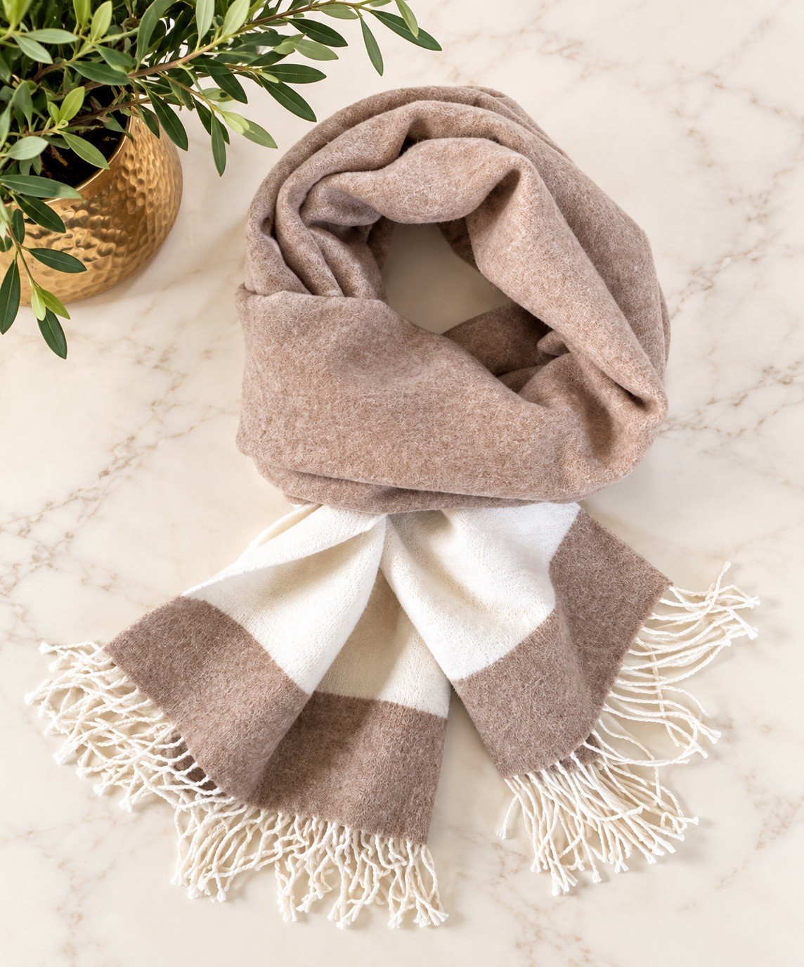 Eileen Fisher - Luxury Oversized Scarf Wrap Taupe Ivory Colorblock Fringe