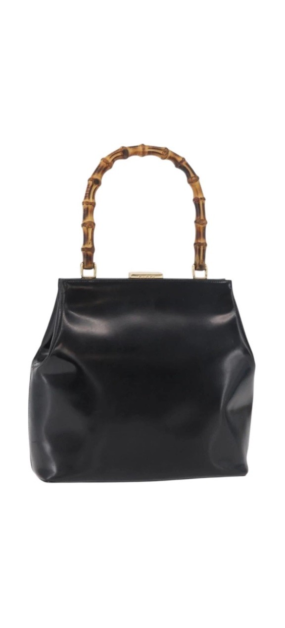 GUCCI Bamboo Hand Bag patent Black Gold 000 4781 0295 Auth 178256