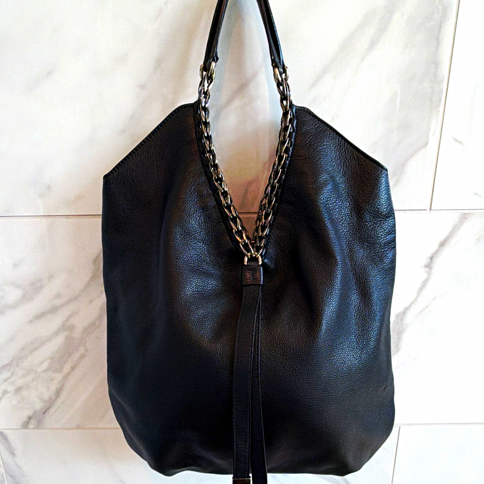 Furla Black Pebbled Leather Crescent Shoulder Bag Chain Strap Magnetic Silver