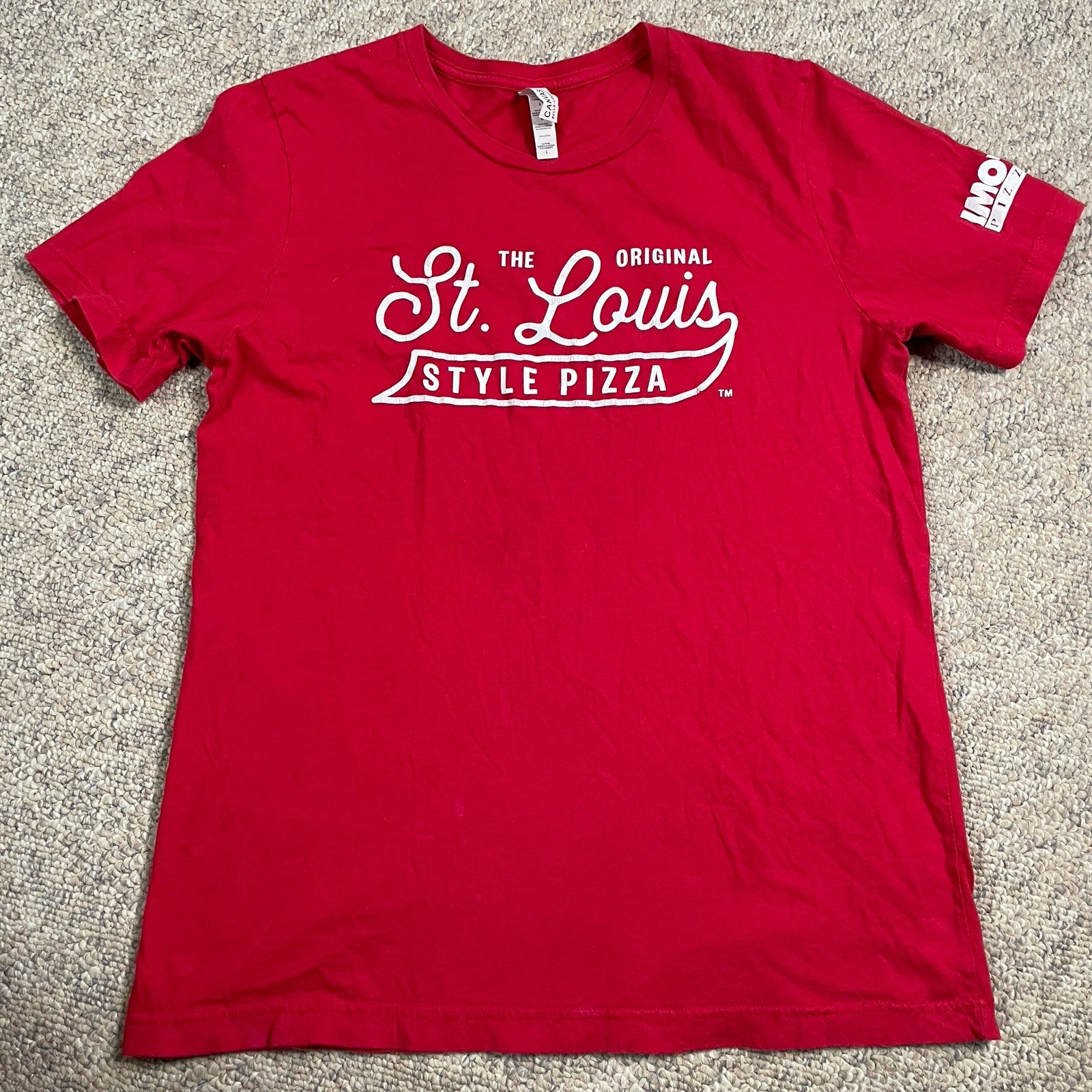 Imo\'s Pizza The Original St. Louis Style T Shirt Size Large Red (stains)
