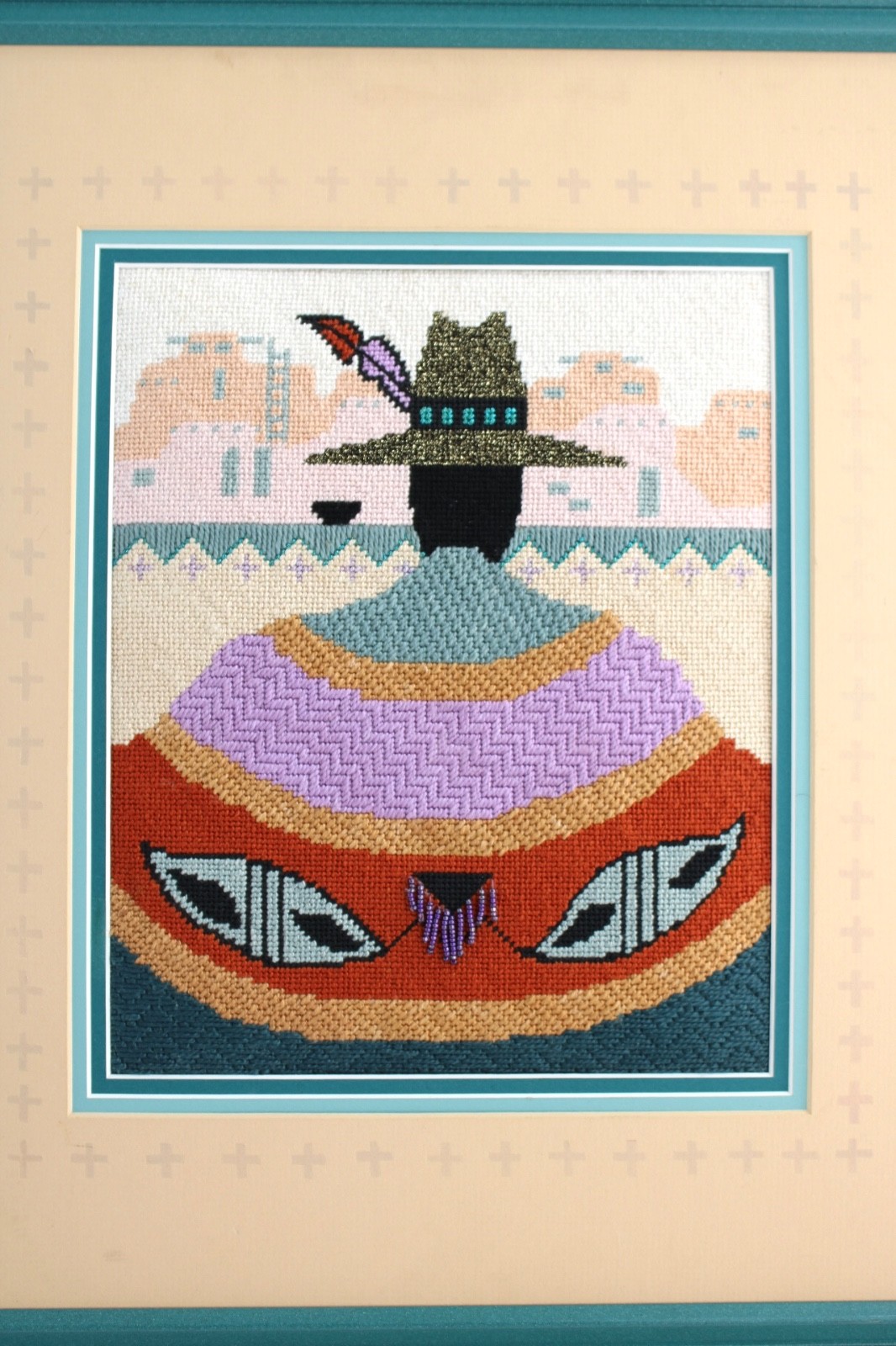 Vtg Southwest Handmade Embroidered Art of Zuni Man, Framed & Matted