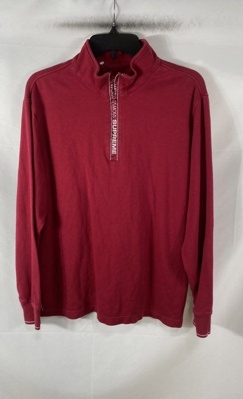 Supreme Men\'s Quarter-Zip Sweatshirt Red World Famous Tape Logo Mock Neck Sz M