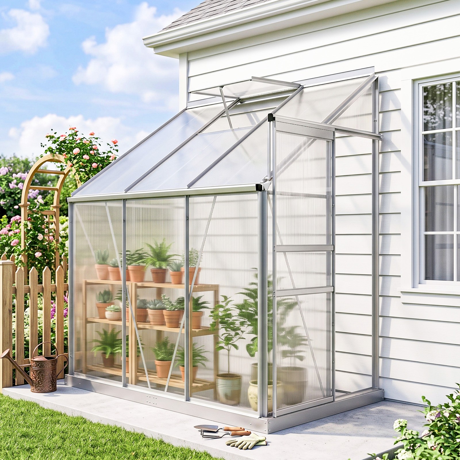 6\' x 4\' Walk-in Garden Polycarbonate Greenhouse Kit w/ Adjustable Vent, Clear