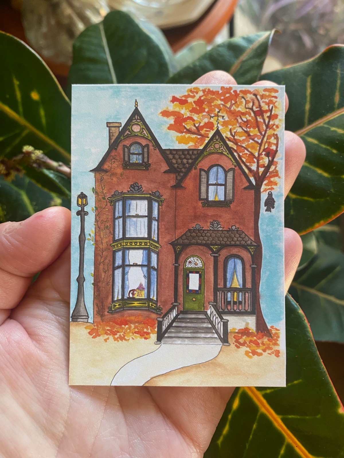 ACEO Autumn Victorian House Watercolor Original PRINT