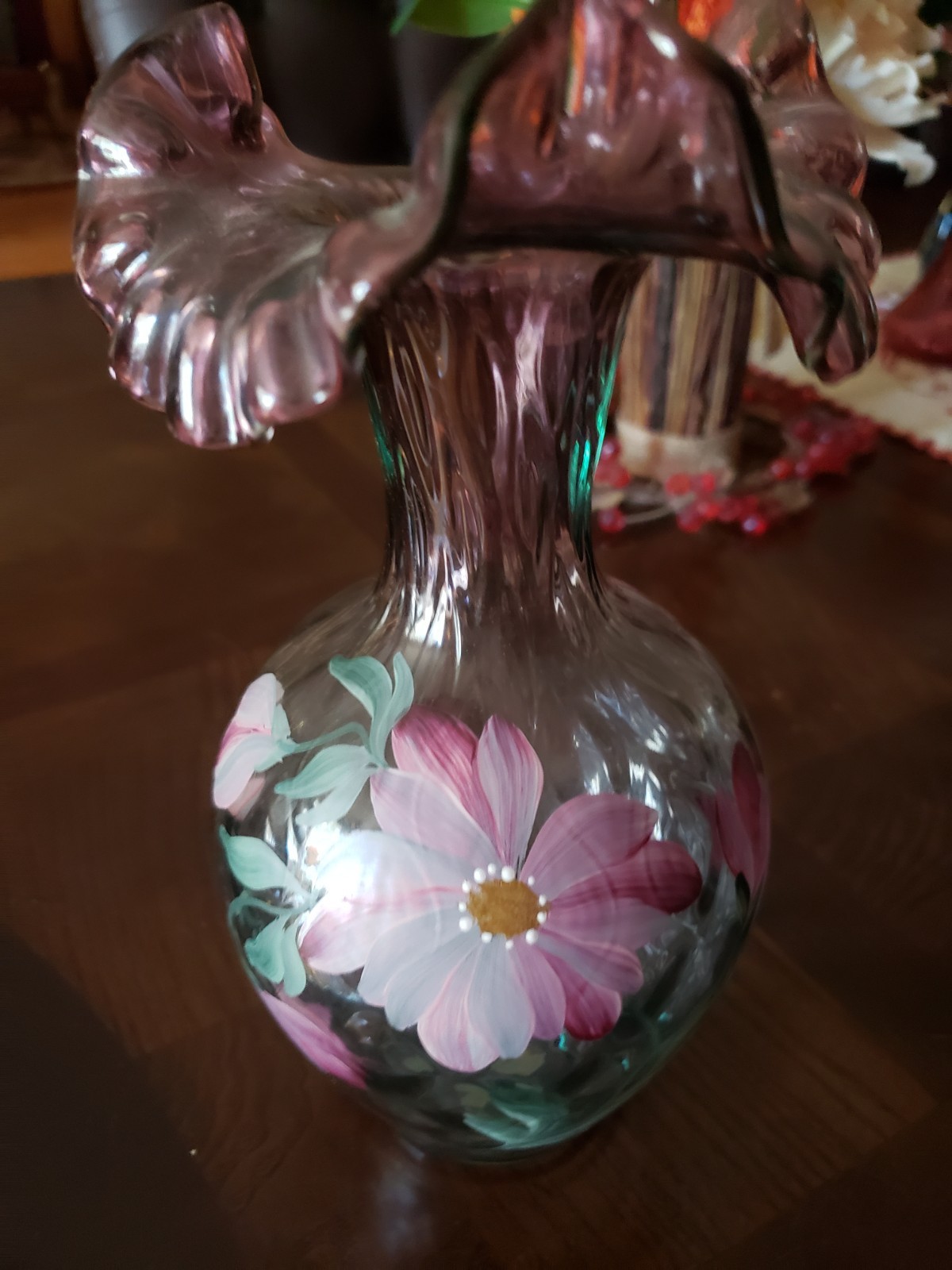 Fenton Art Glass Rubina Verde Ruffled Vase Hand Painted Signed D Robinson Vtg Fenton Art Glass Rubina Verde Ruffled Vase Hand Painted Signed D Robinson Vtg