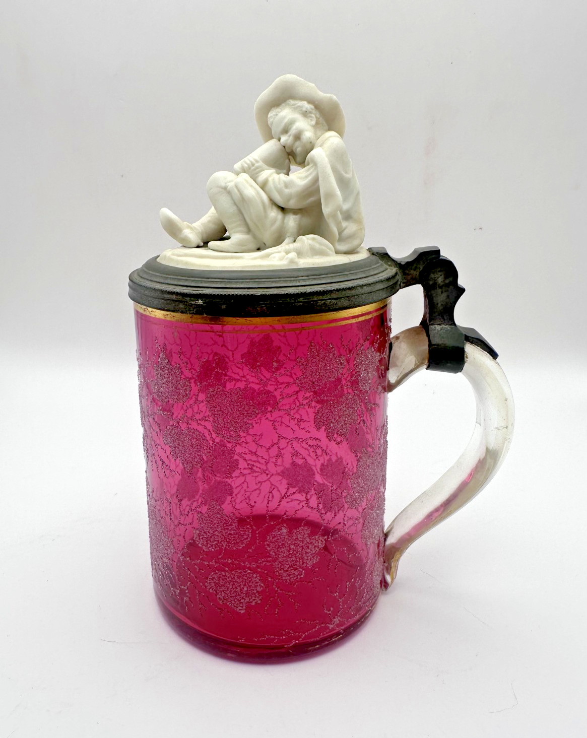 Antique German Cranberry Frosted Beer Stein w Porcelain Man Lid - AS IS - Cracks Antique German Cranberry Frosted Beer Stein w Porcelain Man Lid - AS IS - Cracks