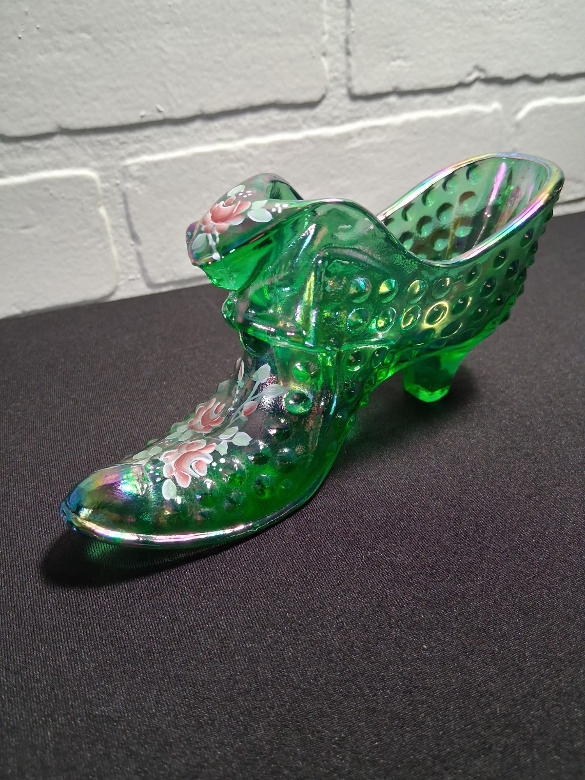 Fenton Iridescent Green Glass Painted Cat Head Shoe Hobnail Hand Painted Signed
