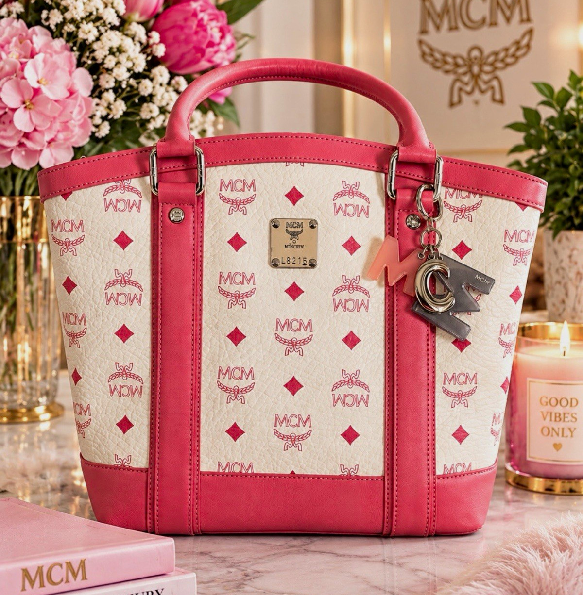 MCM White/Pink Logo Print Zip Top Handle Satchel Bag Charm Silver Hardware MCM White/Pink Logo Print Zip Top Handle Satchel Bag Charm Silver Hardware
