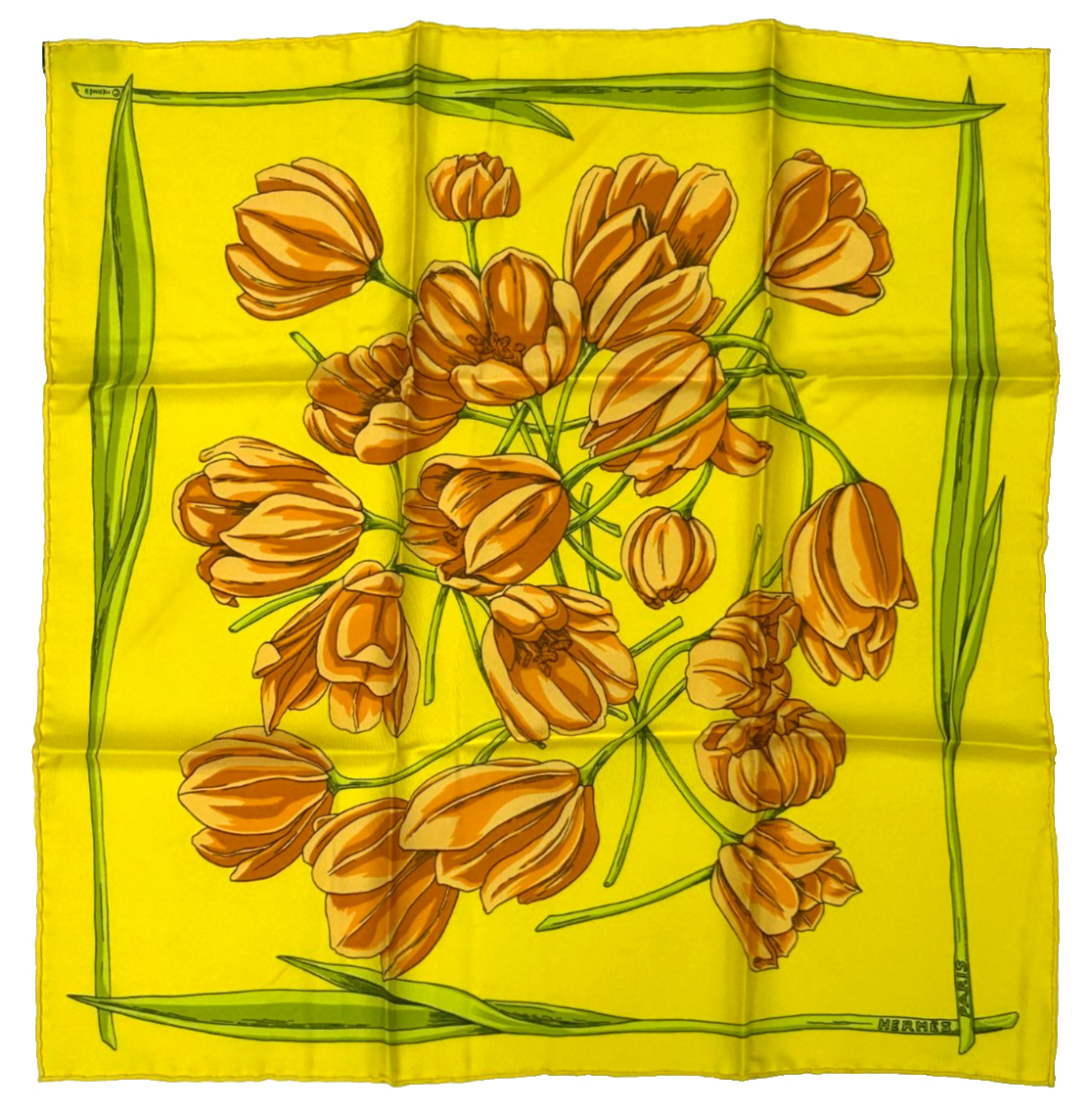 Hermes Scarf 100% Silk 45cm Gavroche \'Floral\' Vivid Yellow Carre