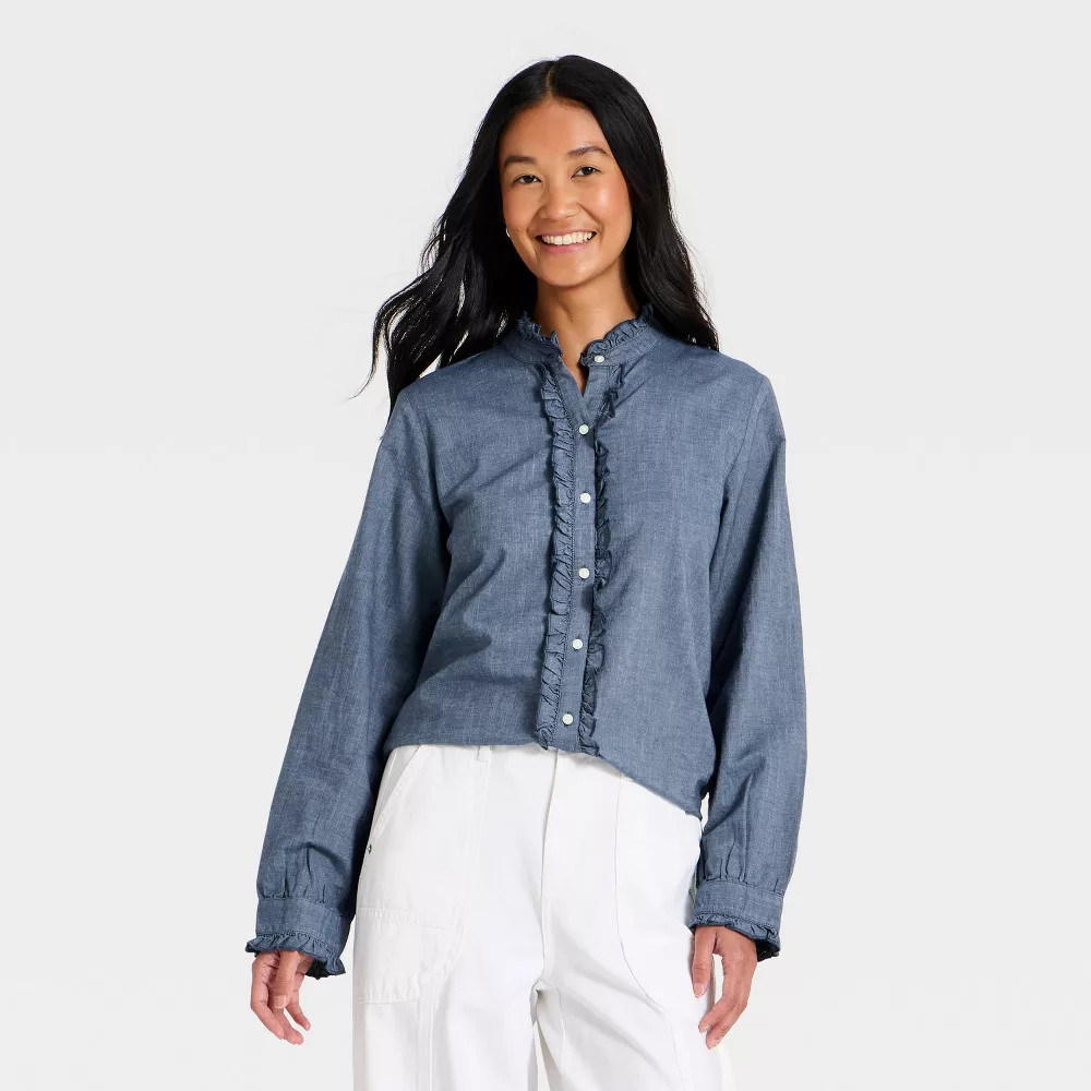 Women\'s Ruffle Long Sleeve Button-Up Ruff Collared Neck Blouse -