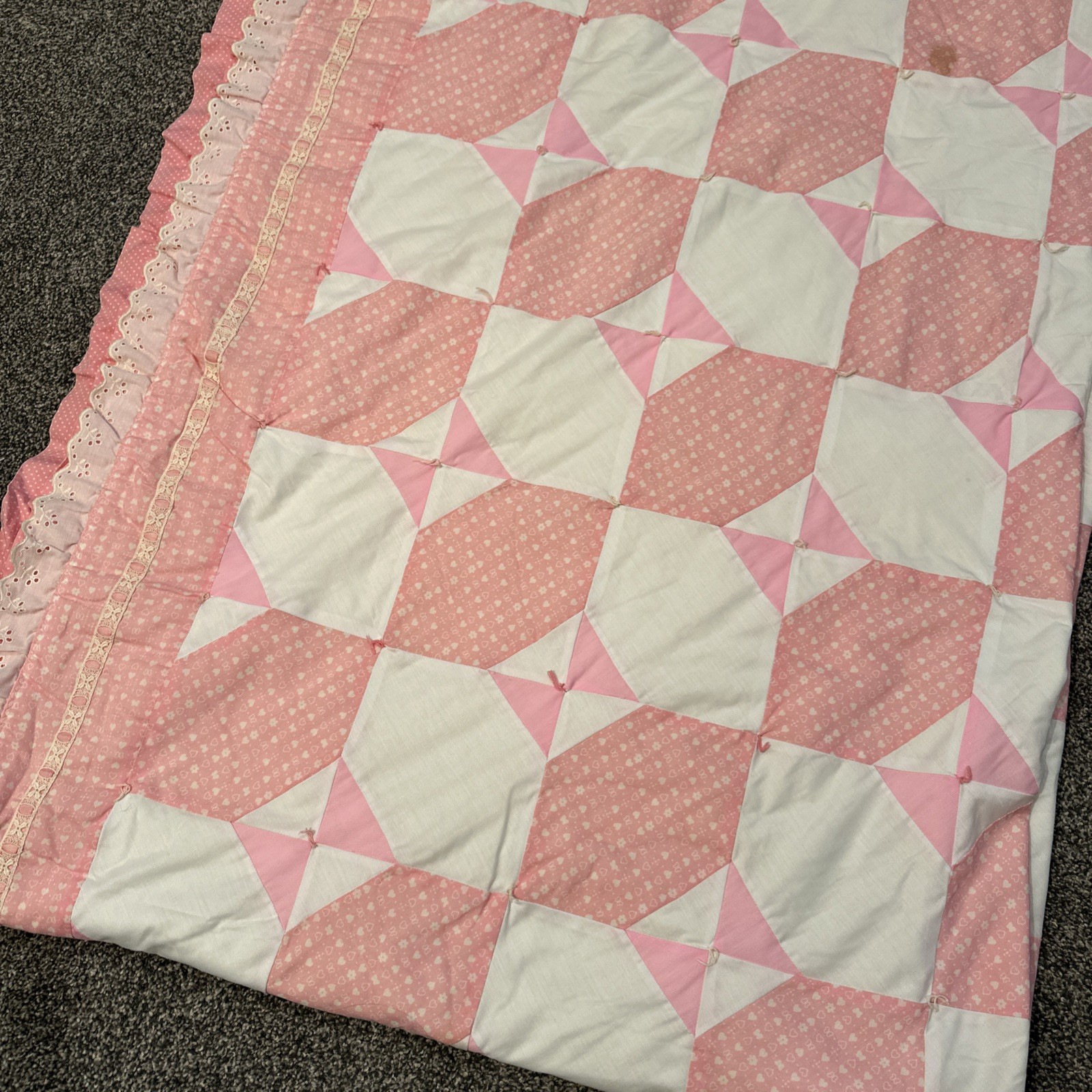Antique vintage Pink Eight quilt or sewn blanket  lace trim 