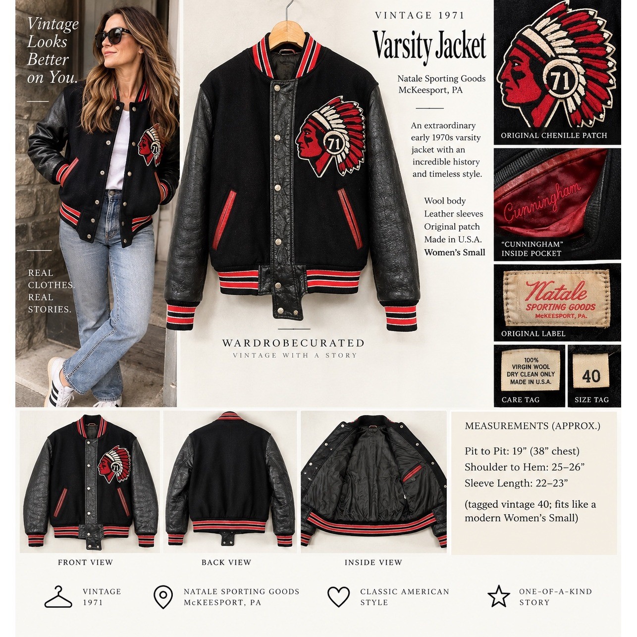 Vintage 1971 Natale Sporting Goods Varsity Jacket Wool Leather Black Red Small