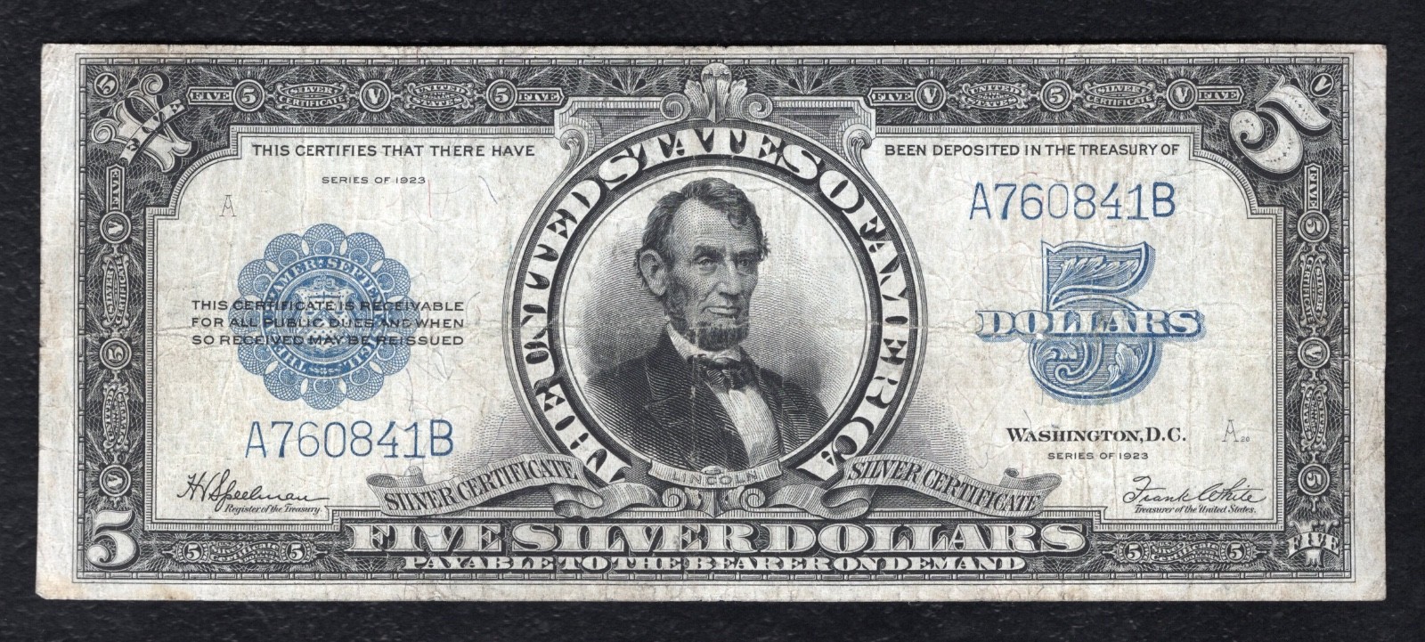 FR. 282 1923 $5 FIVE DOLLARS “PORTHOLE” SILVER CERTIFICATE NOTE VERY FINE+ FR. 282 1923 $5 FIVE DOLLARS “PORTHOLE” SILVER CERTIFICATE NOTE VERY FINE+