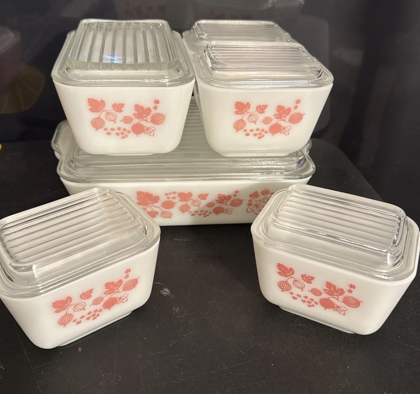 RARE VINTAGE SET 6 Pyrex PINK GOOSEBERRY REFRIGERATOR DISHES LIDS RARE VINTAGE SET 6 Pyrex PINK GOOSEBERRY REFRIGERATOR DISHES LIDS