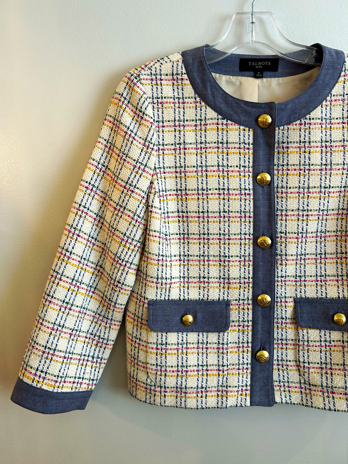 Talbots Petites Multicolor Plaid Button Front Jacket Gold Tone Buttons Lined Talbots Petites Multicolor Plaid Button Front Jacket Gold Tone Buttons Lined
