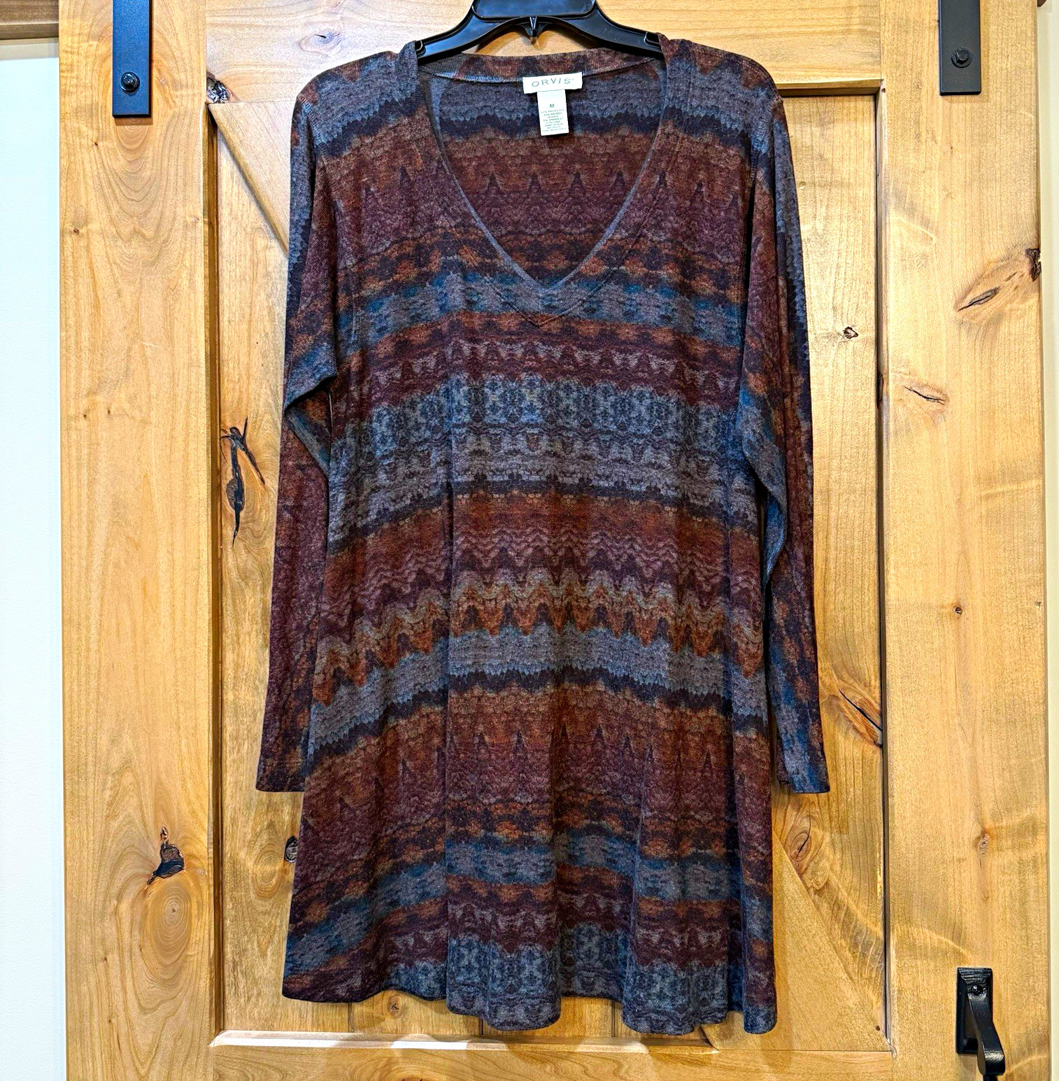 Orvis Women\'s Knit Striped V-Neck Long Sleeve Tunic Pullover Sweater, Brown M Orvis Women\'s Knit Striped V-Neck Long Sleeve Tunic Pullover Sweater, Brown M