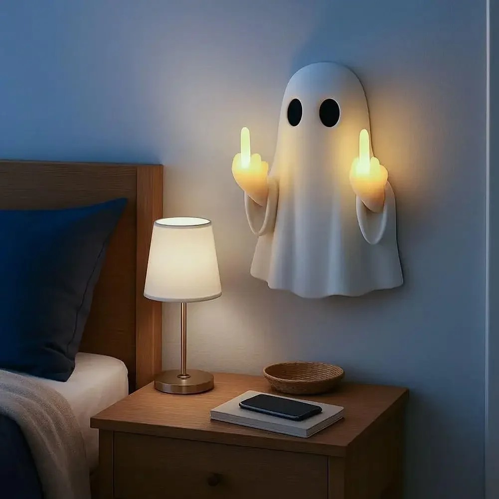 Funny Middle Finger Ghost Wall Light, Sarcastic Halloween Porch Decor