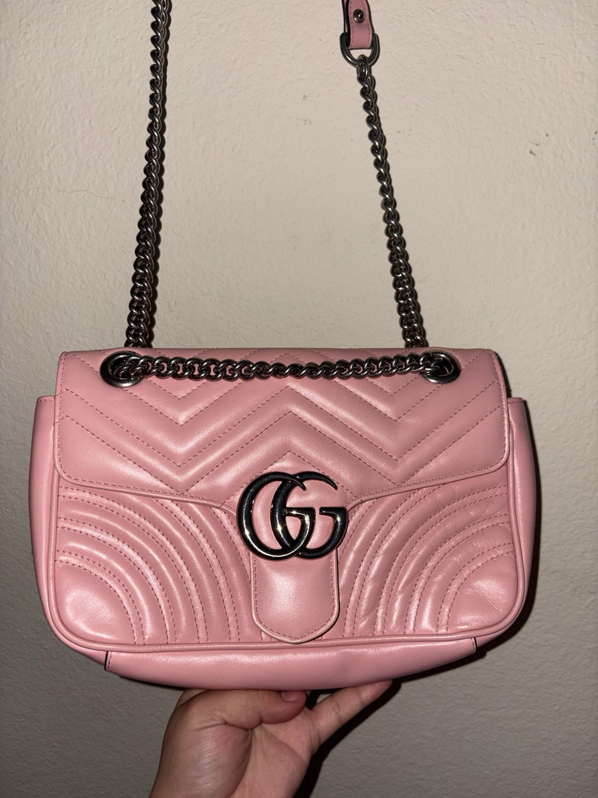 Gucci GG Logo Pink Quilted Flap Shoulder Bag Small Chain Adjustable Strap