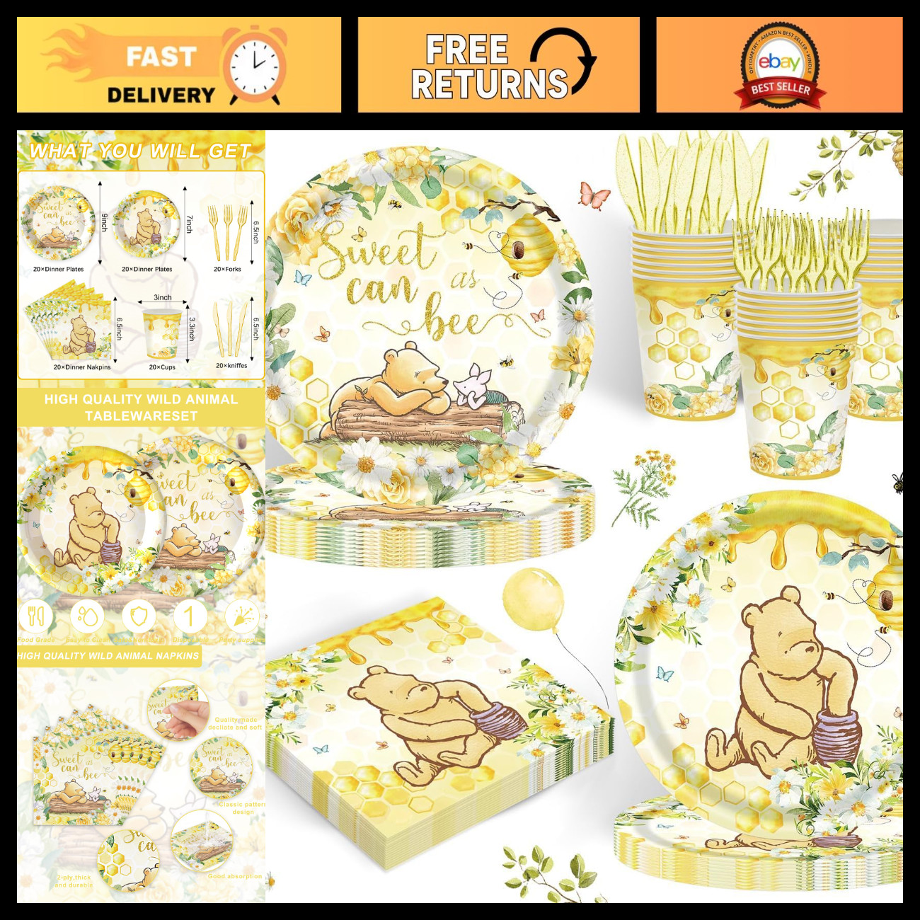 120PCS Bear Party Supplies Set - Baby Shower, Kids Birthday, Neutral Theme Decor
