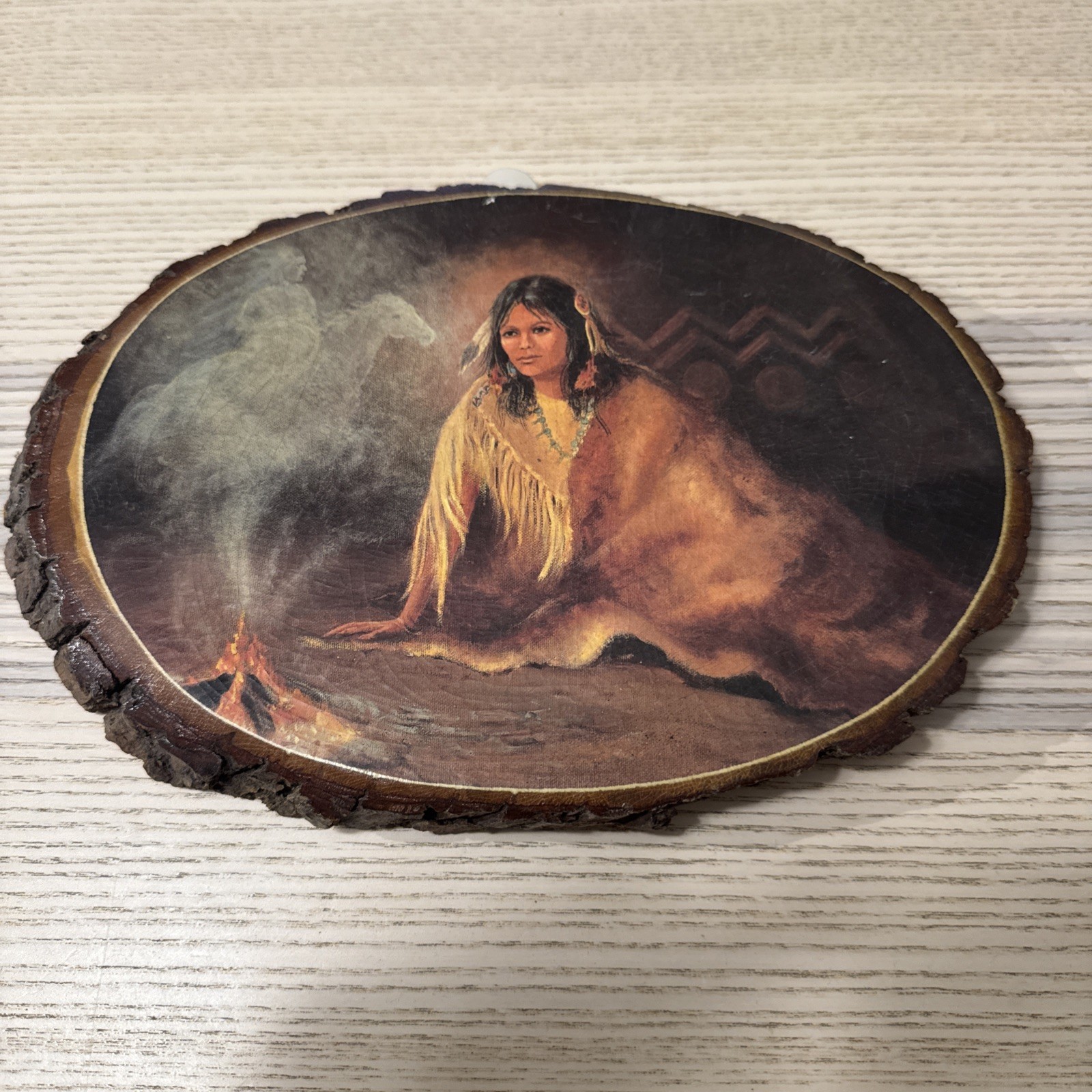 Vintage M Caroselli Dream of Warriors Native American Wood Plaque Decoupage 70s
