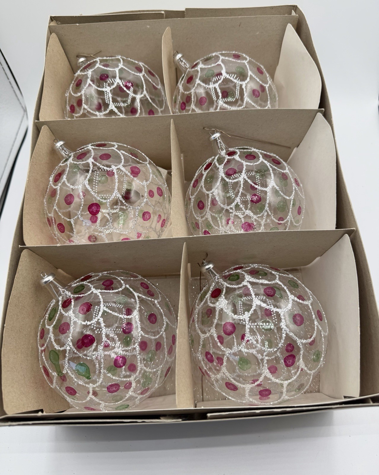 Vintage Italy Glass Christmas Ornaments Set 6 Large Pink Green Glitter MCM