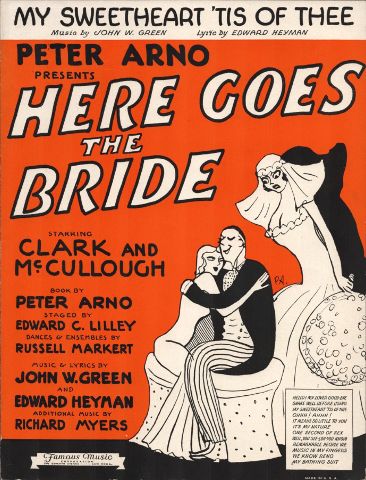 1921 PETER ARNO BROADWAY FLOP near mint theatre sheet music HERE COMES THE BRIDE