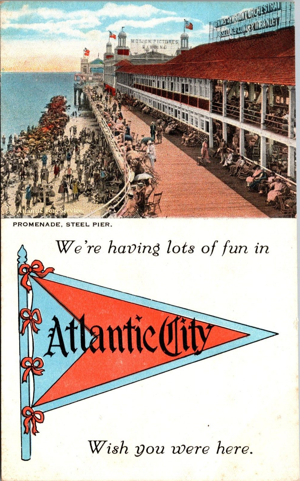 Postcard~Atlantic City N.J.~Pennant Flag~Steel Pier~Multiview~c1920s~Unposted