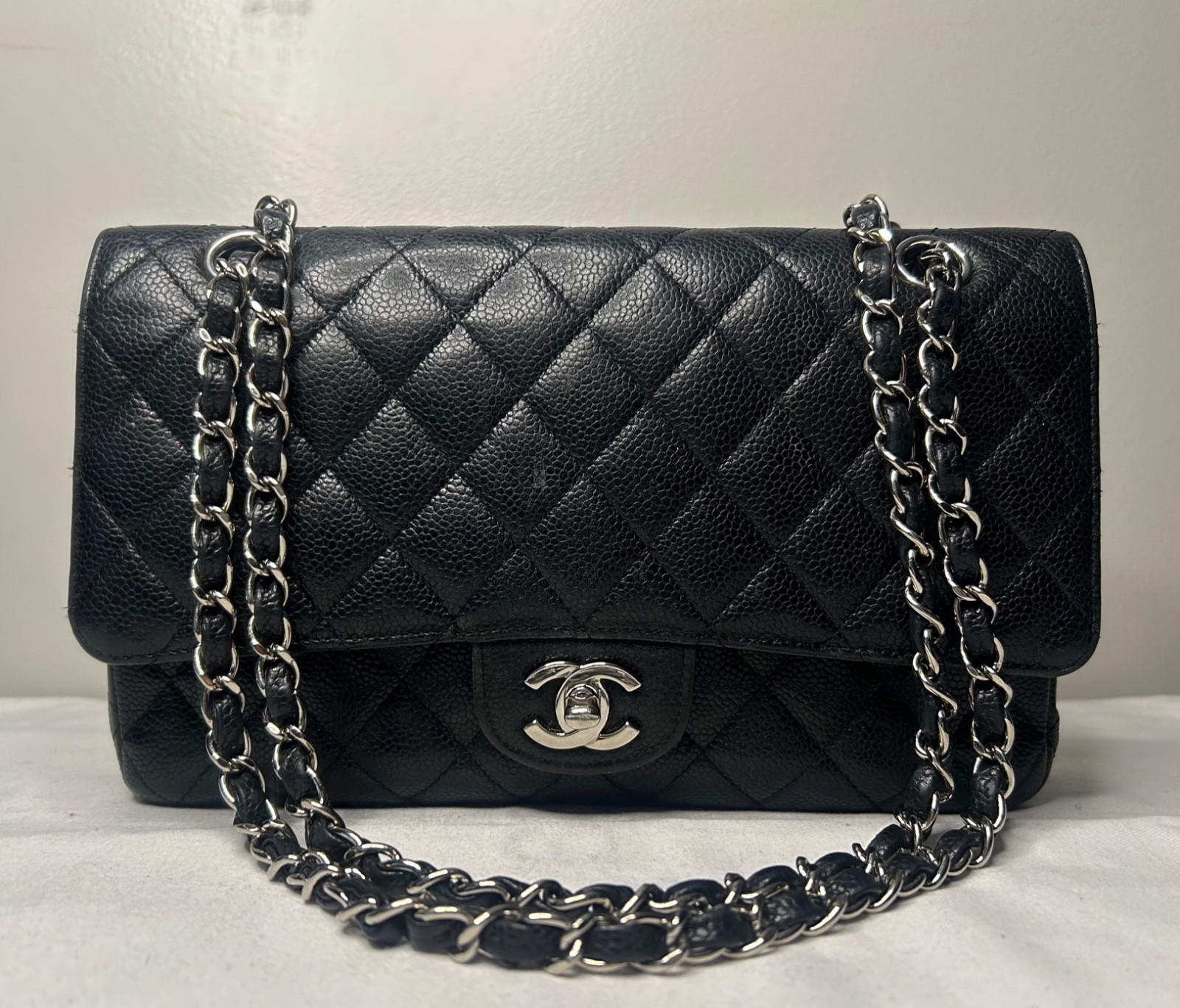 CHANEL CC Medium Classic Double Flap Caviar Quilted Leather Handbag Black