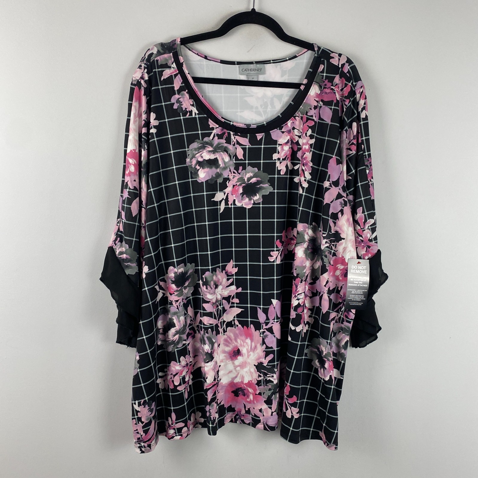 Catherines Dream Drape Flutter Sleeve Top Size 2X Black Pink Floral Stretch