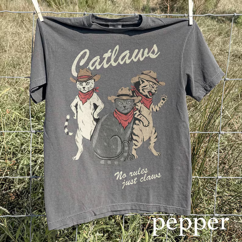 Vintage Cowboy Cat Shirt Short Sleeve All Over Print T- Shirt Full Size S- 5XL