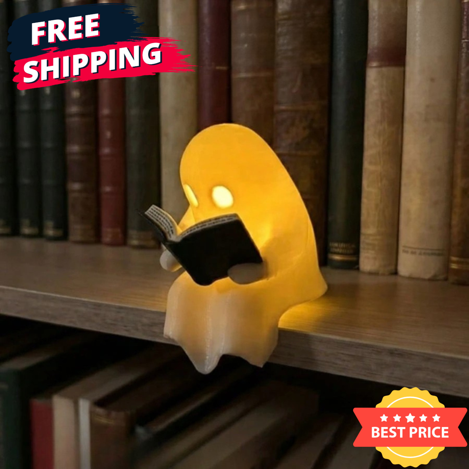 Cute Reading Ghost Figurine Light Up Halloween LED Book Spooky Bookshelf Decor