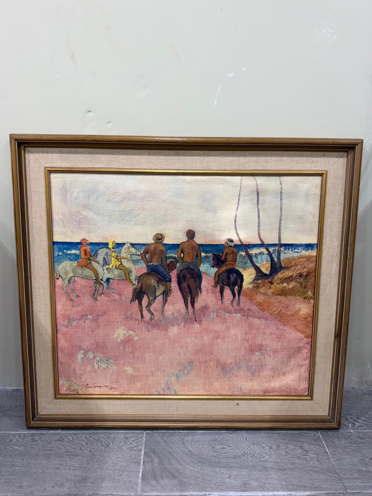 Paul Gauguin Style Riders on the Beach Print Framed Oil Painting 32 1/2\