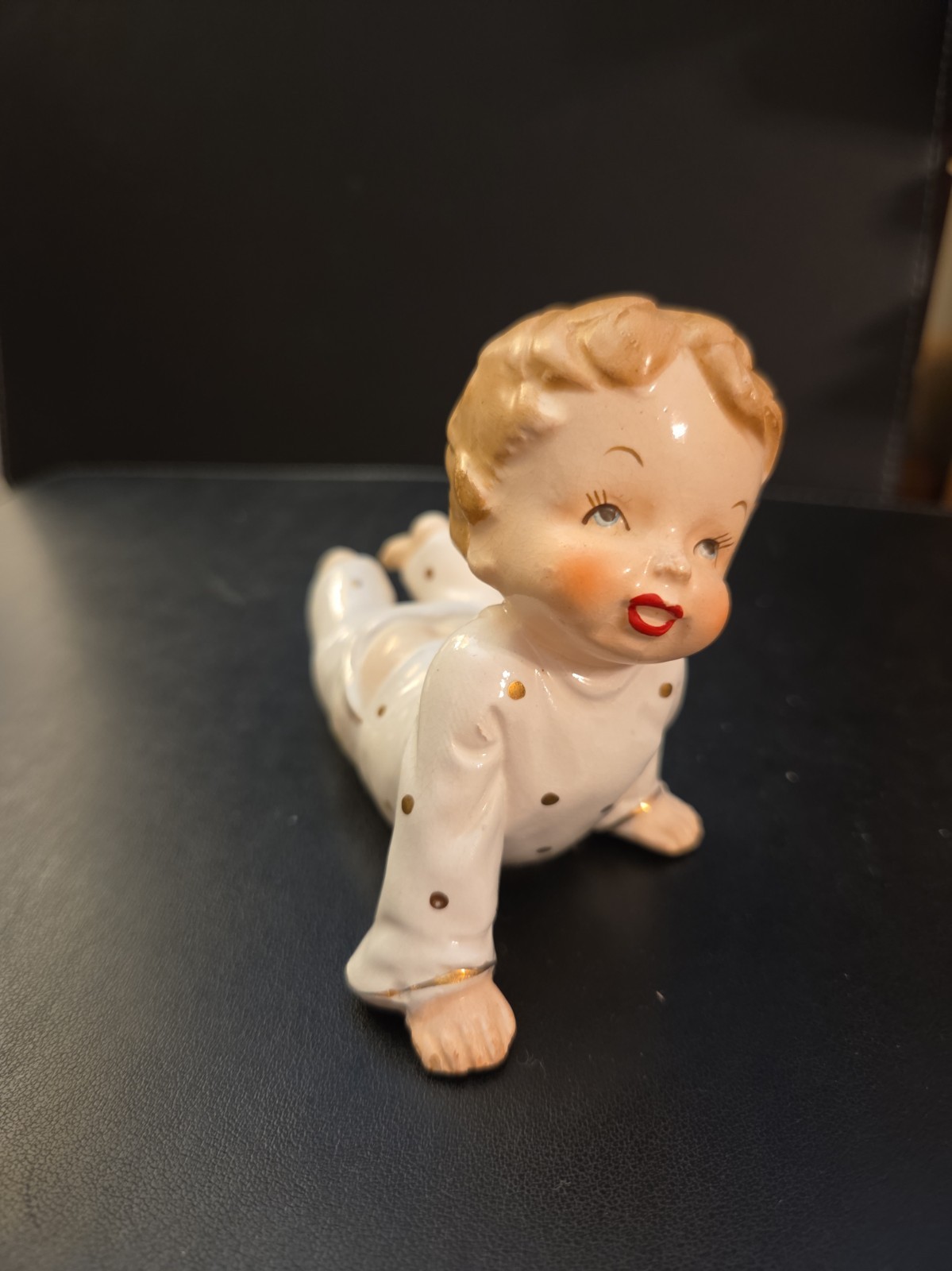Vtg 1950’s Napco ? Piano Baby Figurine Bare Bottom In Polka Dot Pj’s