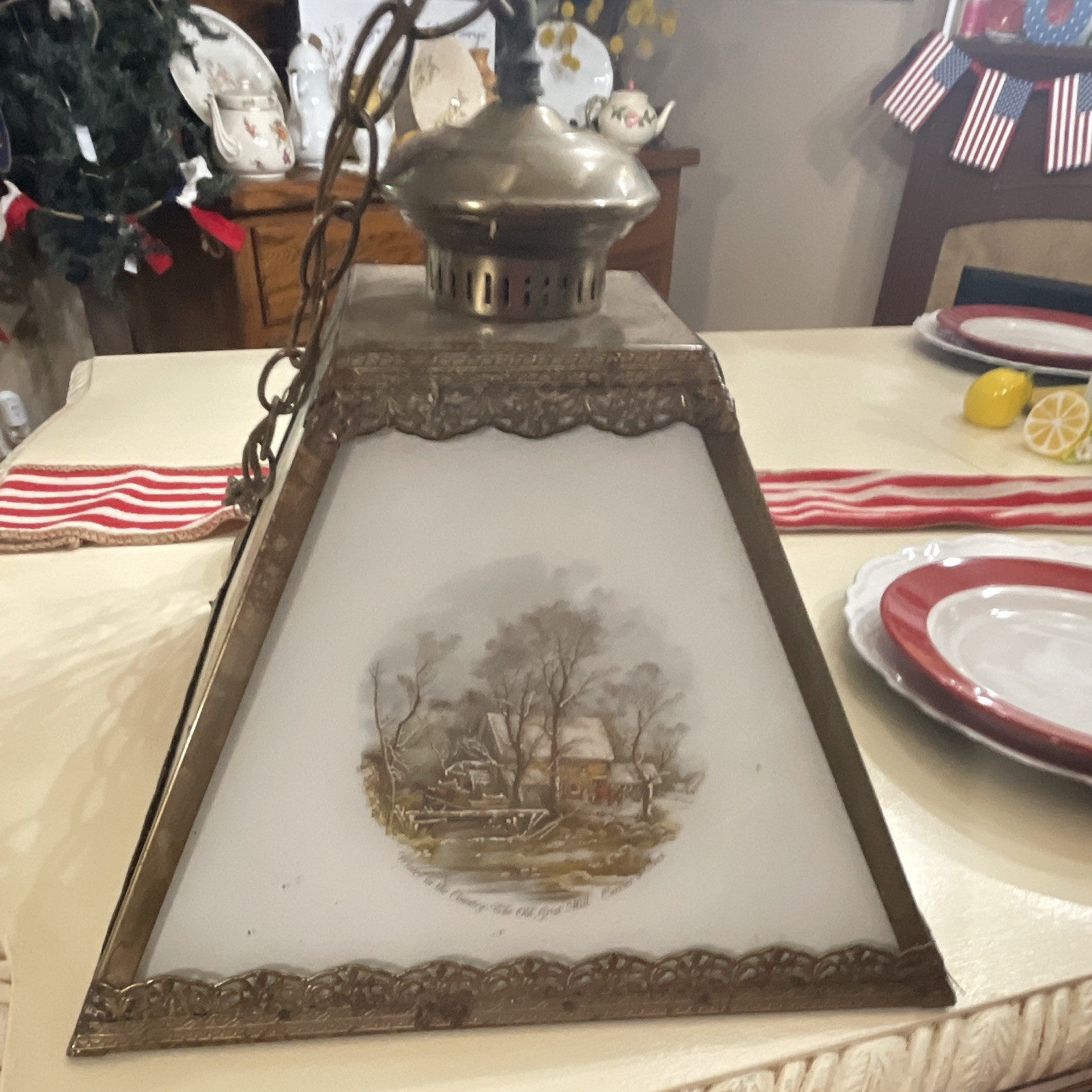 Vintage Del-Val Currier & Ives Four Seasons Hanging Pendant Lamp Milk Glass Vintage Del-Val Currier & Ives Four Seasons Hanging Pendant Lamp Milk Glass