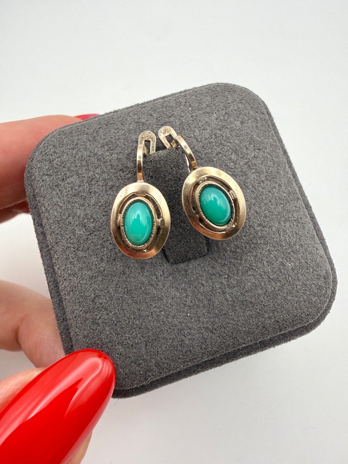 Vintage Ukrainian 925 Silver Gold Plated Green Stone Oval Cabochon Earrings Gilt