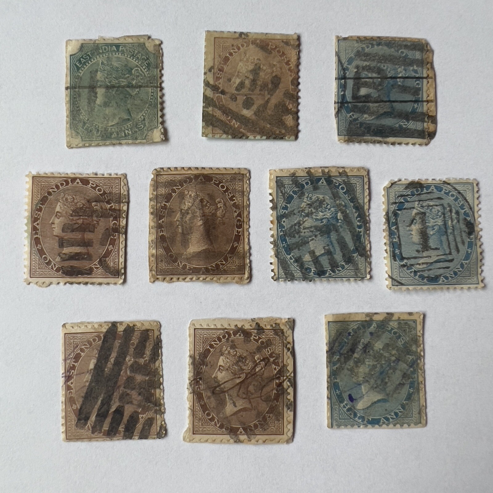 1850\'s-1860\'s EAST INDIA INVESTORY LOT OF 10 STAMPS QUEEN VICTORIA CROWN COLONY