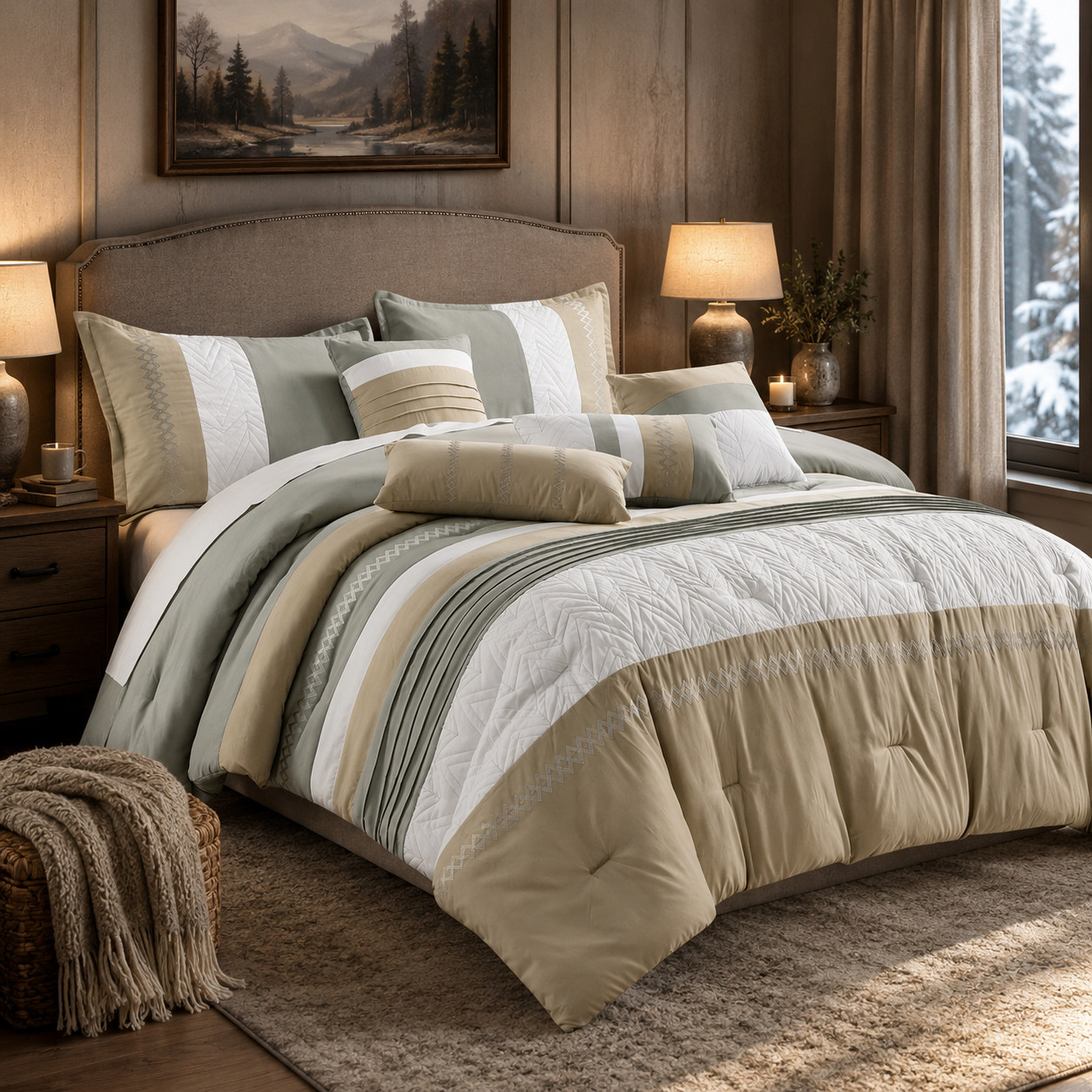 HIG 7PC Beige Patchwork Comforter Set Queen Size Bed in a Bag HIG 7PC Beige Patchwork Comforter Set Queen Size Bed in a Bag